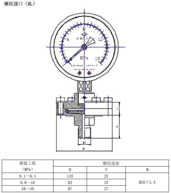 YM-ML型隔膜壓力表外形尺寸 YM-ML型隔膜壓力表外形尺寸